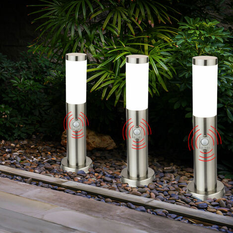 Lampe de chemin LED lampadaire lumière de jardin en acier inoxydable lumière d'extérieur avec détecteur de mouvement, argent, 9W 810lm blanc chaud, DxH 12,7x45 cm, lot de 3