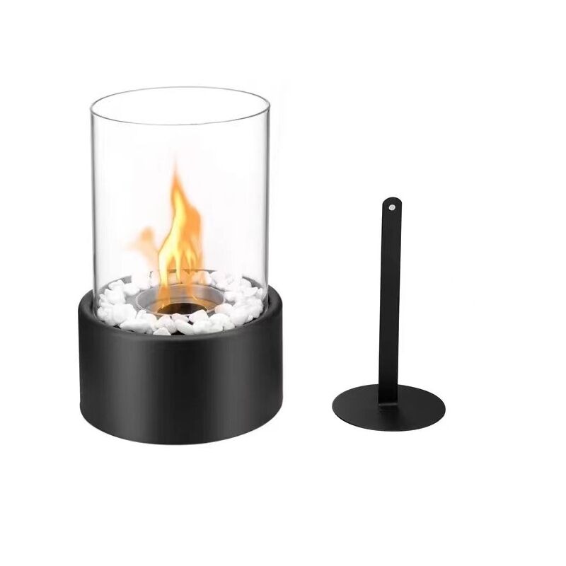 Lampe de cheminée à alcool, verre en acier inoxydable, véritable chauffage au feu, ornements ronds en verre, lumière d'ambiance noire l Facile à
