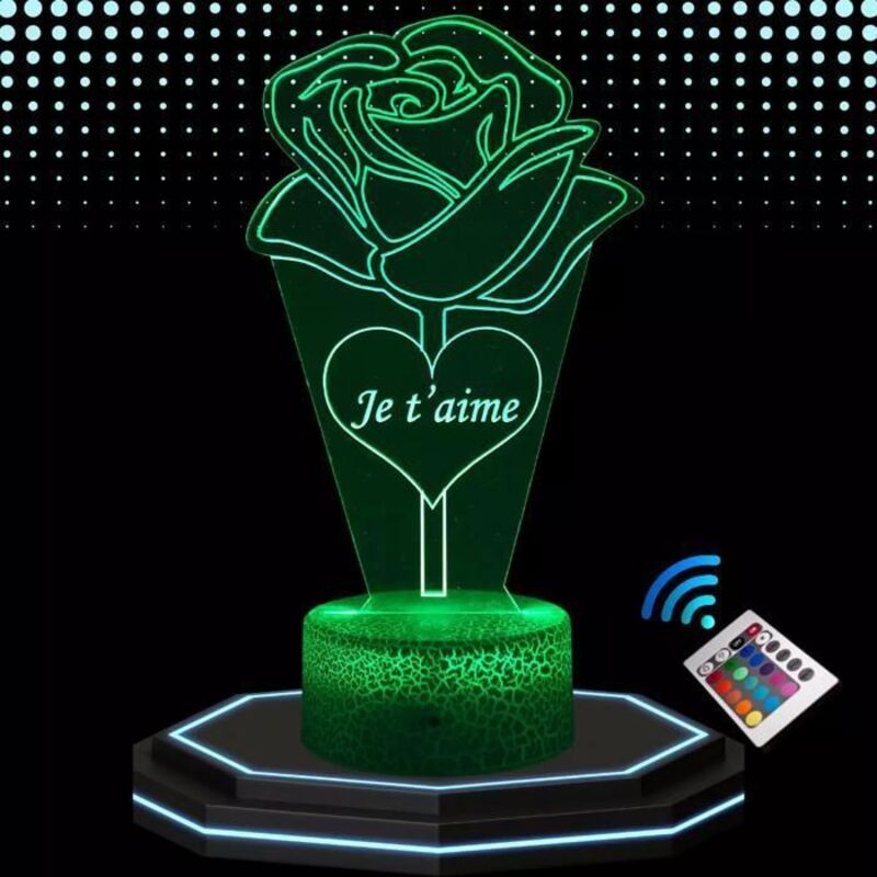 Lampe de chevet 3D led Rose Eternelle Je t'aime, Veilleuse Changement de Couleurs, Lampe tactile Cadeau Noël Anniversaire