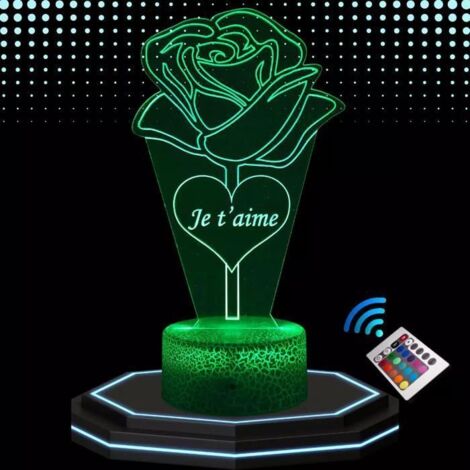 Lampe de chevet 3D led Rose Eternelle Je t'aime, Veilleuse Changement de Couleurs, Lampe tactile Cadeau Noël Anniversaire