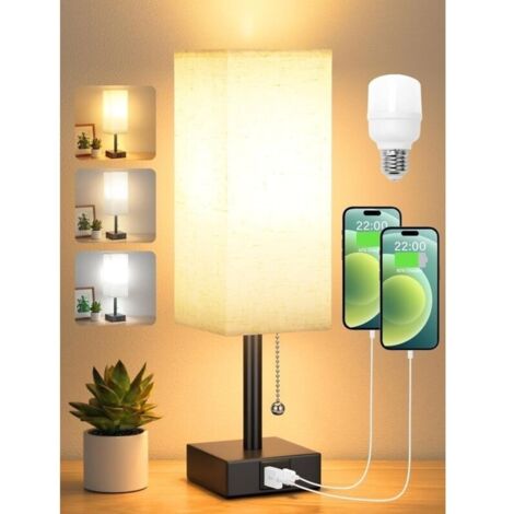 Lampe de Chevet à Intensité Variable 3 Couleur (3000/4000/5000K) avec Ports de Charge USB-A+C Ampoule LED Interrupteur à Chaînette pour Chambre à Coucher Salon Bureau [Classe énergétique F]