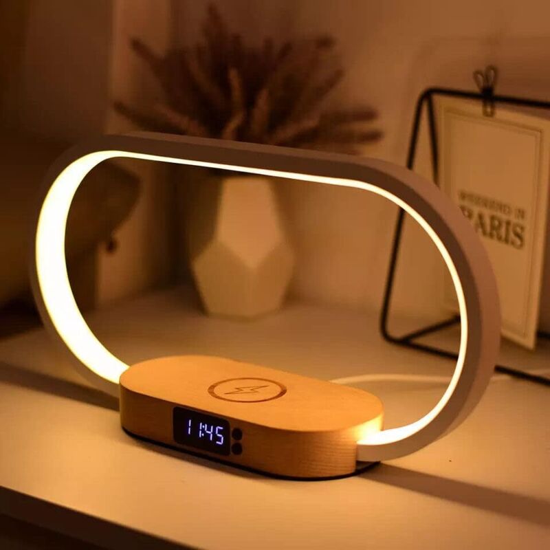 Lampe de chevet avec 10W chargeur rapide sans fil horloge port USB table de chevet lampe de table gradation continue 3 modes de couleur