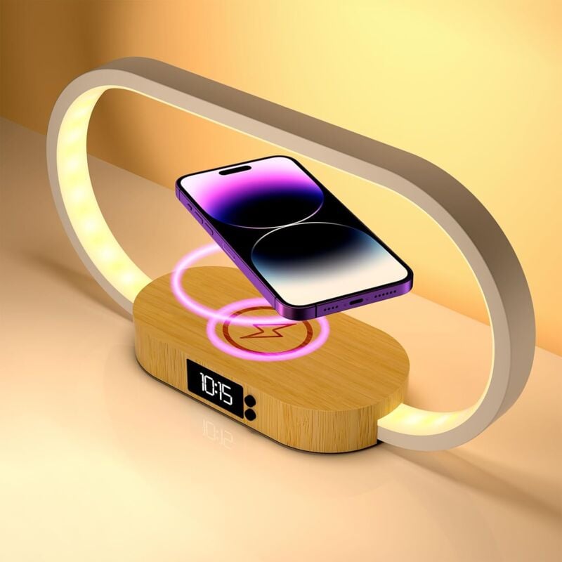 Sjqka - Lampe de chevet avec chargeur rapide sans fil avec horloge, lampe tactile de bureau pour chambre à coucher, décor en bois, 3 Modes de couleur