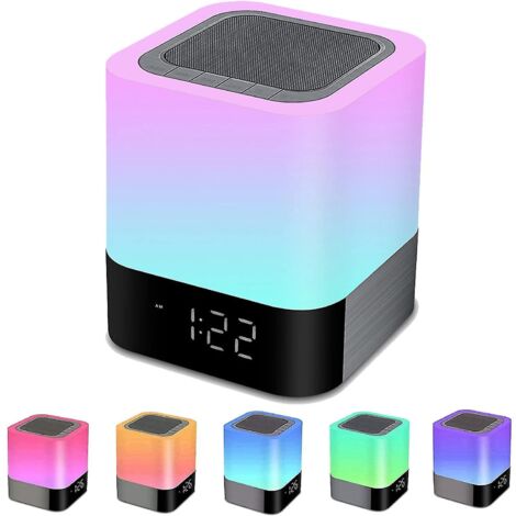 Lampe de chevet avec réveil, haut-parleur Bluetooth, veilleuse, LED RGB à intensité variable, lumière d'ambiance sans fil