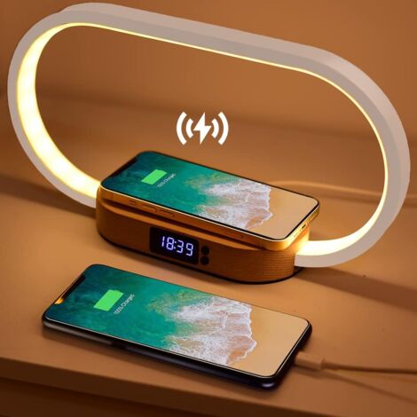 Lampe de Chevet Chargeur sans Fil, Tactile avec Port USB, Chargeur Induction avec L'horloge, Lampe de Table avec 3 Modes de Couleur et Intensité Variable, Bois&Blanc