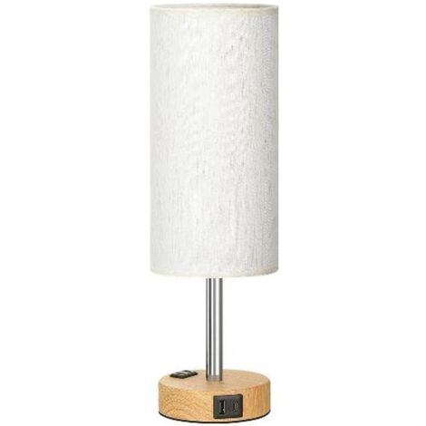 Lampe de chevet de chambre à coucher - lumière tactile à intensité variable à 3 canaux avec port de chargement USB C et prise de courant secteur, petite base de lampe en bois, abat-jour circulaire en 