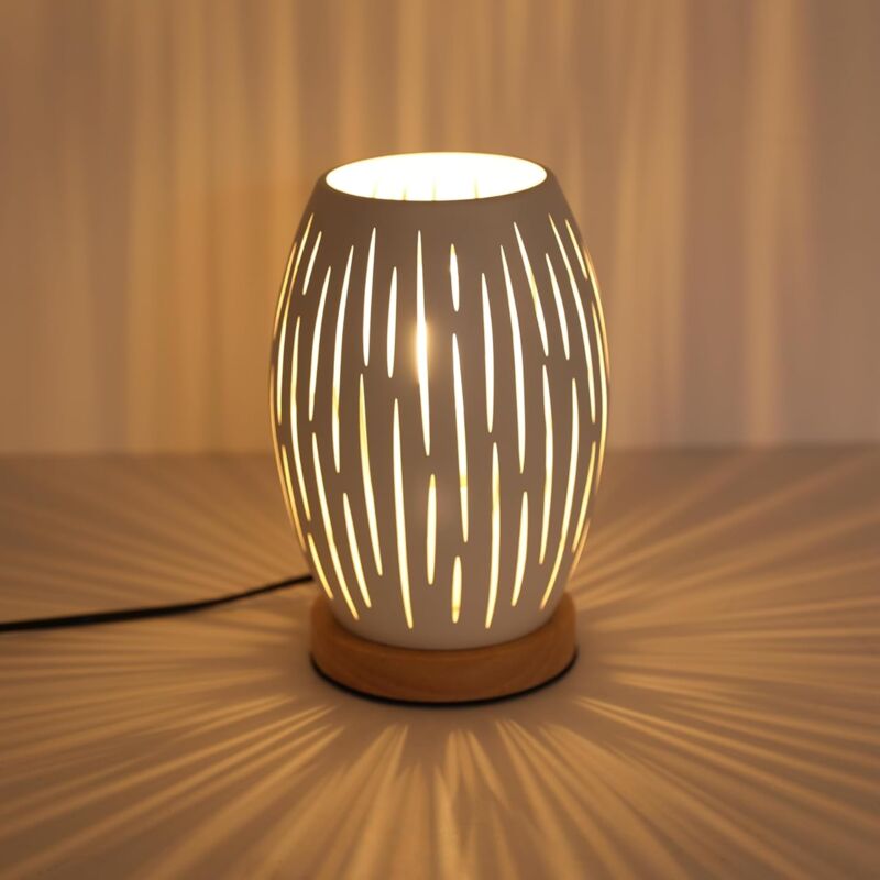 Lampe de Chevet E27, Lampe de Table avec Socle en Bois et Abat-jour en Métal Creux, Lampe de Bureau Décorative pour Chambre Bar Chambre d'enfant