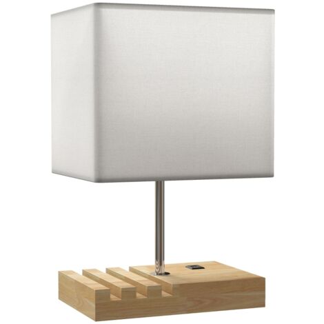 Lampe de chevet en bois avec tissu, ports USB, interrupteur à bascule, compartiments de rangement, blanc