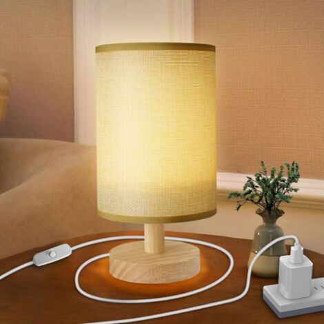 Lampe De Chevet En Bois, Ultrixe Lampe de table LED avec Abat-jour en tissu, Blanc chaud, Câble de commutation de 1,5 m, lampe de chambre LED pour Salon, Chambre d'enfant, Hôtel, Dortoir, Studio