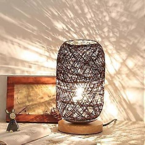 Lampe de chevet en corde de rotin et support en bois marron
