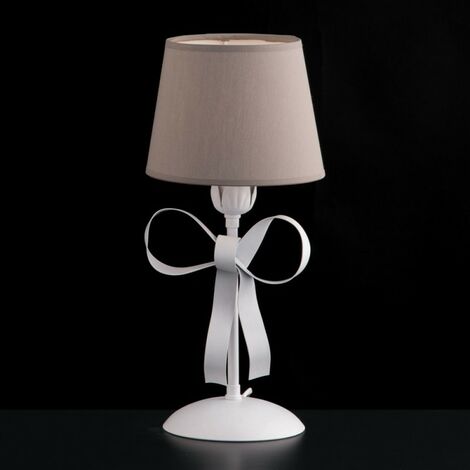 Lampe de chevet en fer laqué blanc Shabby avec abat-jour en pvc gris tourterelle