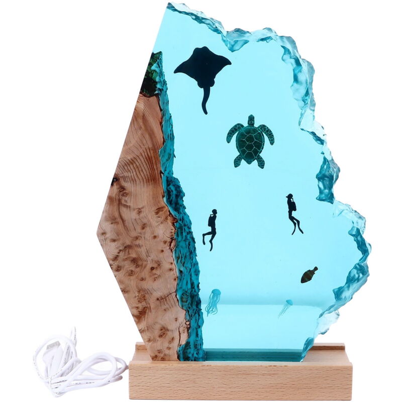 Feiyue - Lampe de chevet en résine époxy, plongeurs, poissons, tortues, lumières led, base en bois, plongée en haute mer, veilleuse, décoration