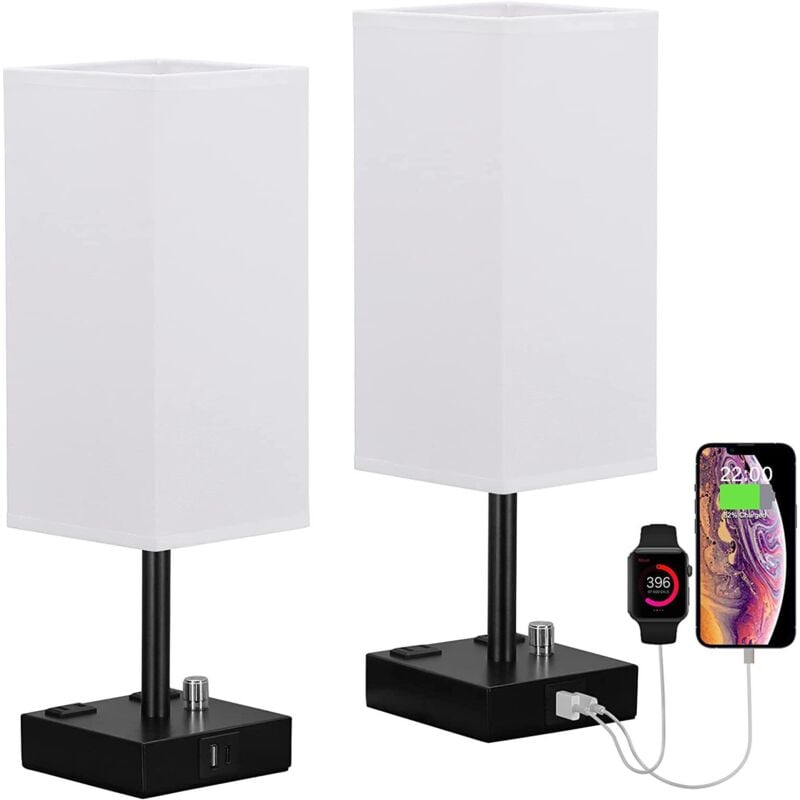 Crea - Lampe de chevet, équipée de ports de charge usb-c+usb-a, 3 intensités lumineuses réglables, abat-jour en tissu, base chromée, lampe de bureau