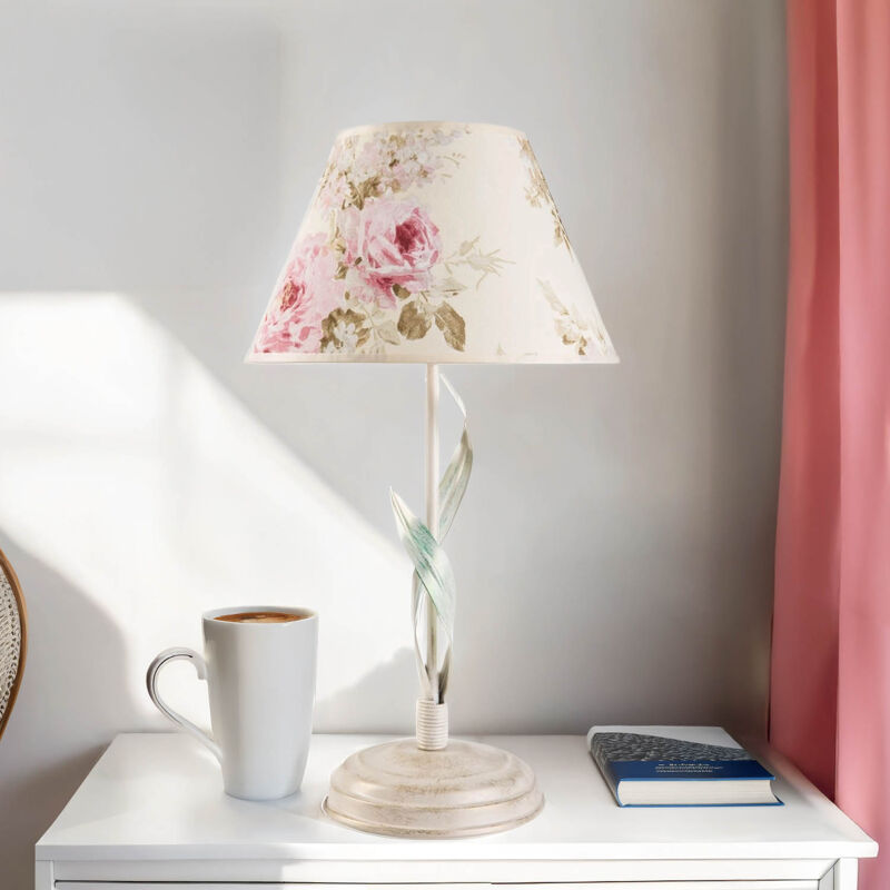 Licht-erlebnisse - Lampe de chevet Floral Crème Blanc Rose Tissu Métal 34 cm Campagne E27 Lampe de table