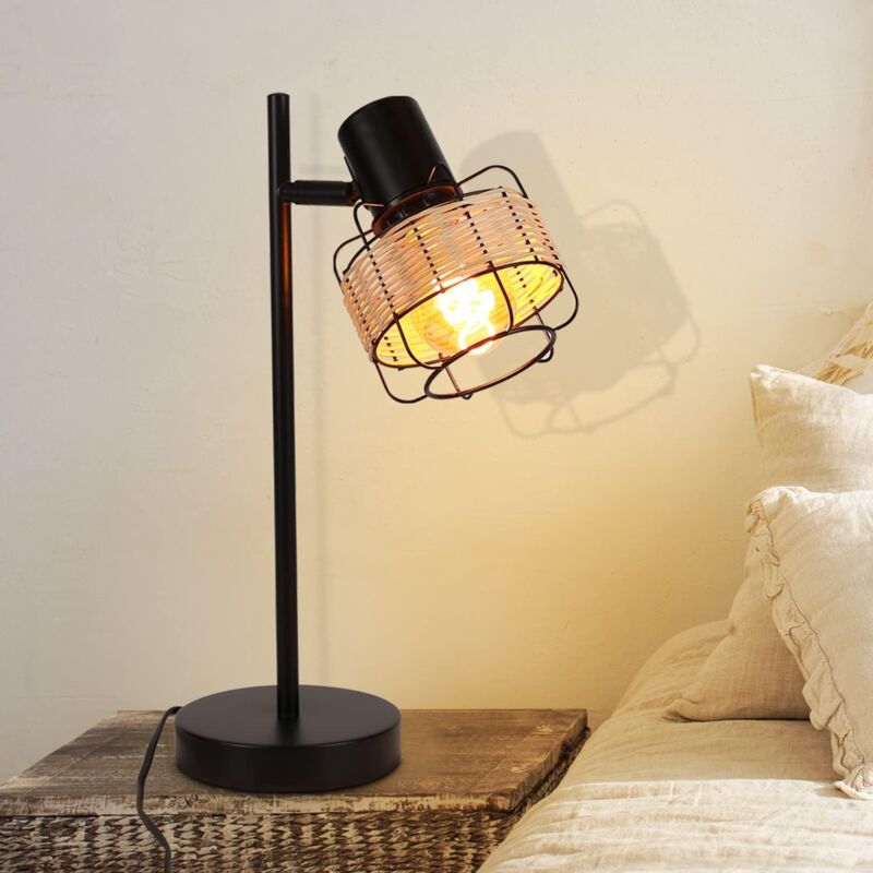 Gbly - Lampe de chevet lampe de table maison de campagne vintage - en rotin rétro noir rustique en métal bambou avec interrupteur E27 Boho en naturel