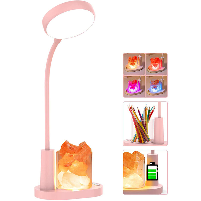 Aorsher - Lampe de Chevet, Lampe de Bureau Enfant Rose avec Sel de l'Himalaya, Changement de Couleur Automatique, Col de Cygne Réglable à 360°, 3