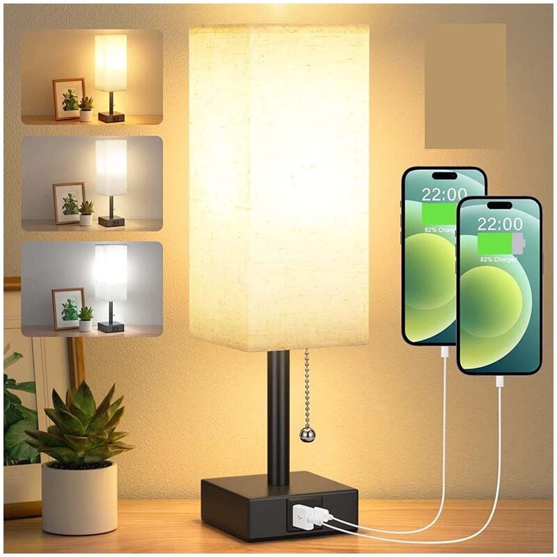 Lampe de chevet--Lampe de Chevet à Intensité Variable 3 Couleur (3000/4000/5000K) avec Ports de Charge USB-A+C Ampoule LED Interrupteur à Chaînette