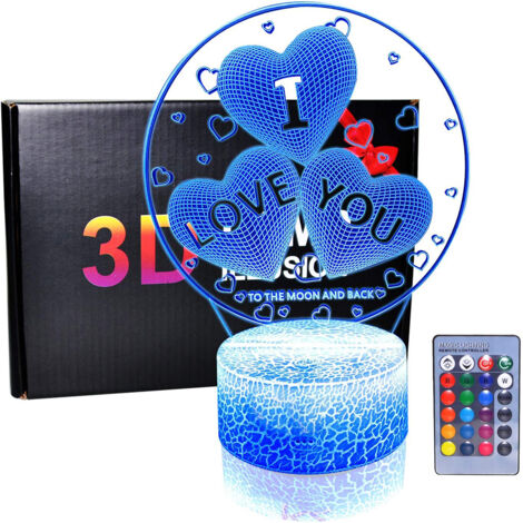 Lampe de chevet LED 3D "Je t'aime" avec 16 couleurs, télécommande tactile - Cadeau Saint-Valentin pour elle