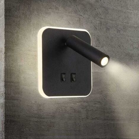 Lampe de chevet LED, applique murale d'intérieur pour hôtel, applique murale de chevet, applique murale de couloir avec interrupteur, noire, 3W + 10W (carrée)