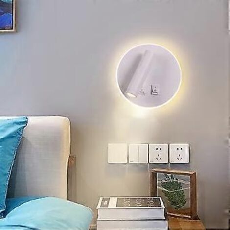 Lampe de chevet LED, applique murale intérieure pour hôtel, lampe de couloir avec interrupteur, noir 3W+9W (blanc rond) [Classe énergétique F]