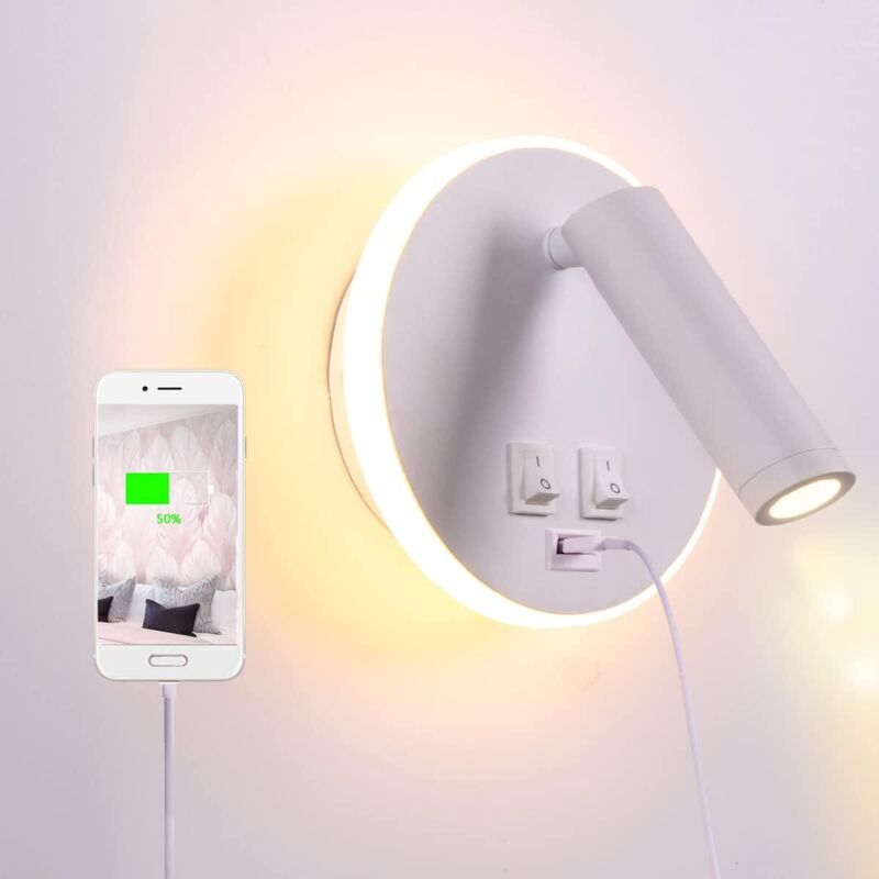 Lampe de chevet LED avec port de charge USB, applique murale d'intérieur, avec interrupteur, blanc 3 W + 8 W (USB rond) Lampe de chevet LED avec port de charge USB, applique murale d'intérieur, avec interrupteur, blanc 3 W + 8 W (USB rond)