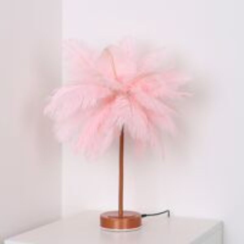 Shmshng – Lampe de chevet LED pissenlit – Abat-jour plumes roses – Hauteur 43 cm – Alimentation USB – Éclairage tamisé chaleureux