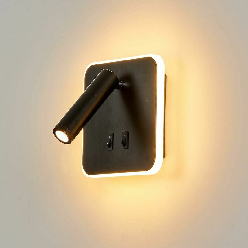 Ikodm Lampe de chevet led lampe de lecture applique rotative multifonctionnelle avec interrupteur B038 carré noir lumière chaude