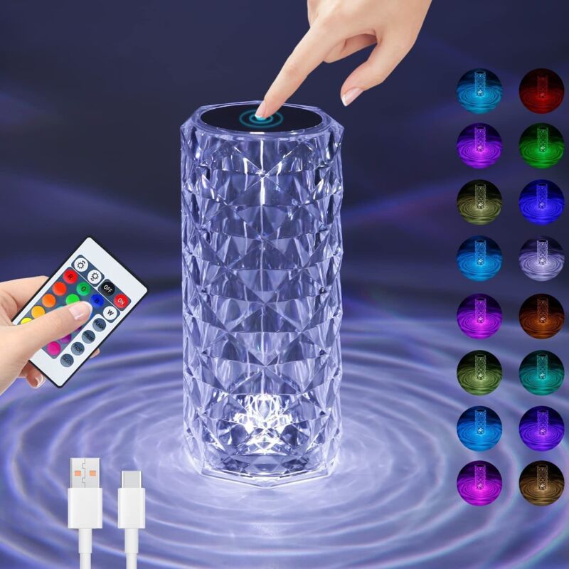 Lampe de Chevet led ZMH Lampe de Table sans Fil en Cristal à intensité Variable Tactile Lampe rvb Rechargeable Chambre rvb Télécommande 16 Couleurs