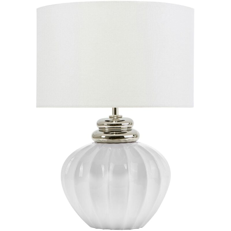 Beliani - Lampe de Table à Poser en Céramique Blanche et Argentée et Abat-jour en Toile de Lin E27 Max. 60W Lumière Tamisée pour Salon Classique