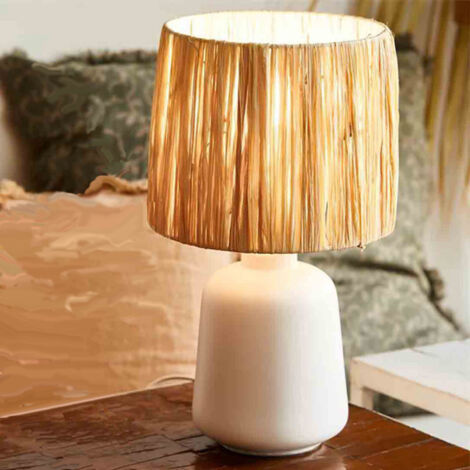 Lampe de chevet moderne en céramique blanche et raphia naturel – Hauteur 36 cm – Abat-jour diamètre 22 cm – Interrupteur ON/OFF – Millumine