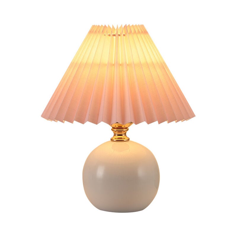 Lampe de chevet nordique, petite lampe de table lumière chaude E27, abat-jour en tissu plissé base en céramique, céramique blanche + abat-jour rose
