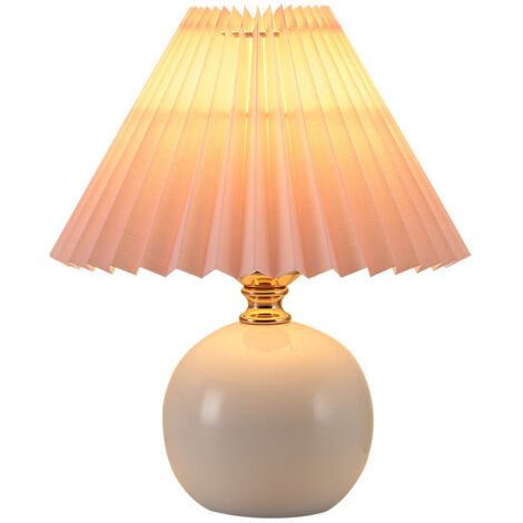 Lampe de chevet nordique, petite lampe de table lumière chaude E27, abat-jour en tissu plissé base en céramique, céramique blanche + abat-jour rose