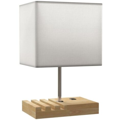 Lampe de chevet, port USB, bois, tissu, interrupteur à bascule, compartiment de rangement, blanche (ampoule non incluse)