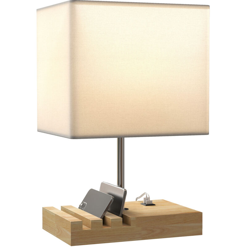 Lampe de chevet, ports USB, bois/tissu, interrupteur bascule, compartiments de rangement, blanche