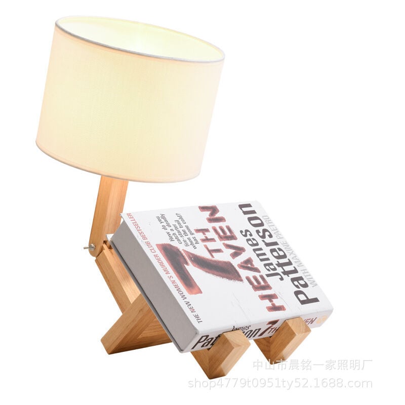 Lampe de Chevet Robot,Lampes de Table Créatives avec Base Bois Ajustable,Salon Lampe de Bureau Moderne E27 avec Abat-jour Tissu,Lampes Décorative