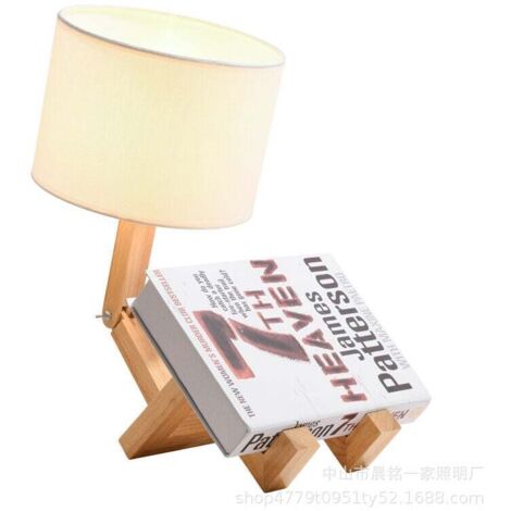 Lampe de Chevet Robot,Lampes de Table Créatives avec Base Bois Ajustable,Salon Lampe de Bureau Moderne E27 avec Abat-jour Tissu,Lampes Décorative Bricolage pour Chambre et Chambre D'enfant [Classe éne