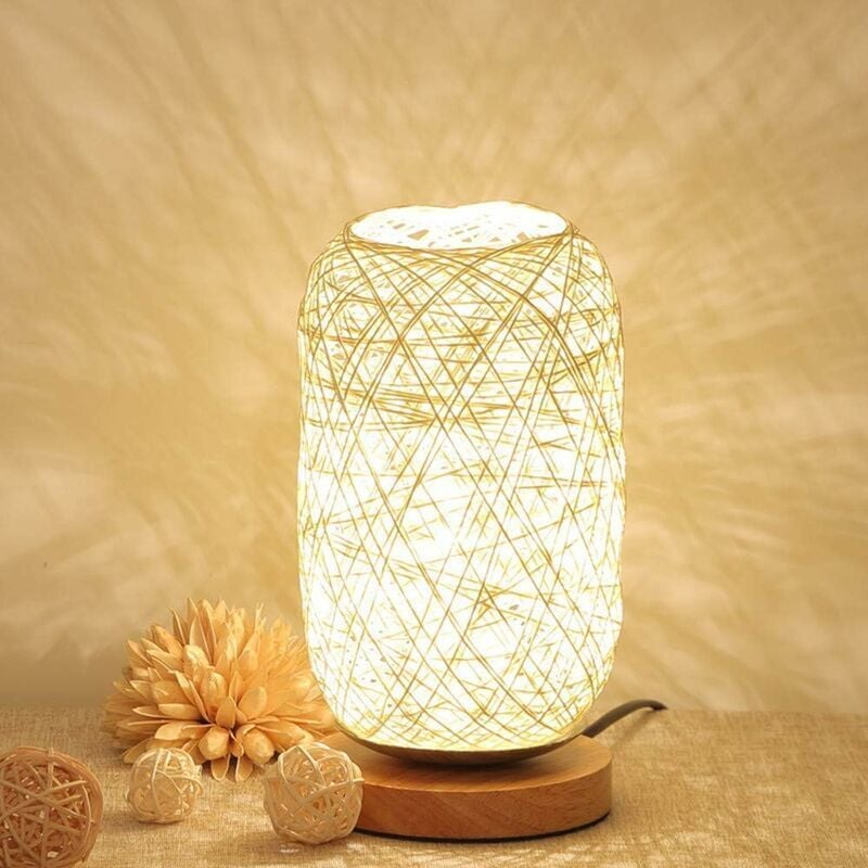 Linghhang - Lampe de chevet support bois corde rotin (beige)
