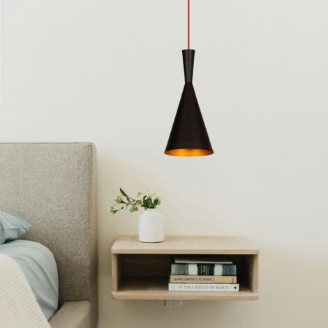 Lampe de chevet suspendue noire mat câble rouge, forme cône SILE