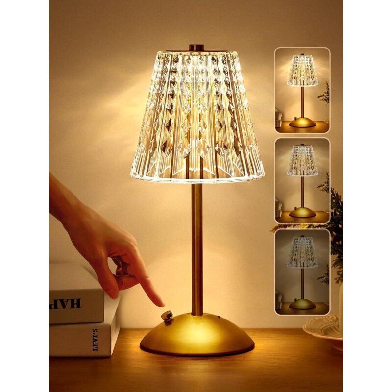 Lampe de Chevet Tactile, 3 Couleurs Lampe de Table Cristal USB Chambre Sans Fil Rechargeable