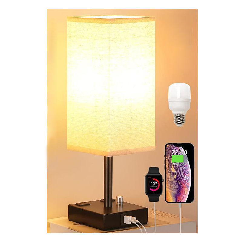 Rapanda - Lampe de Chevet Tactile avec Ports de Charge USBx2, Intensité Variable à 3 Voies, Abat-jour en Tissu Noir Base de art du fer, Lampe de
