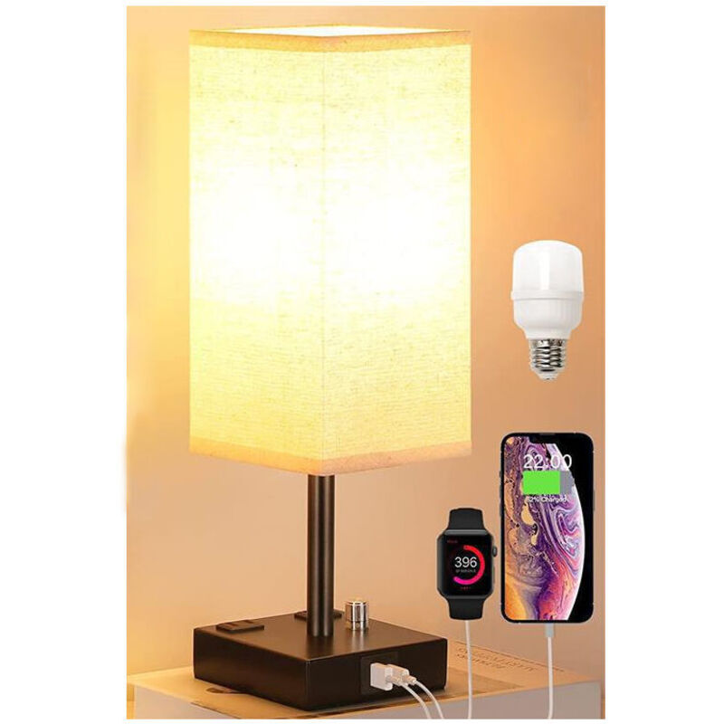 Basetbl - Lampe de Chevet Tactile avec Ports de Charge USBx2, Intensité Variable à 3 Voies, Abat-jour en Tissu Noir Base de art du fer, Lampe de