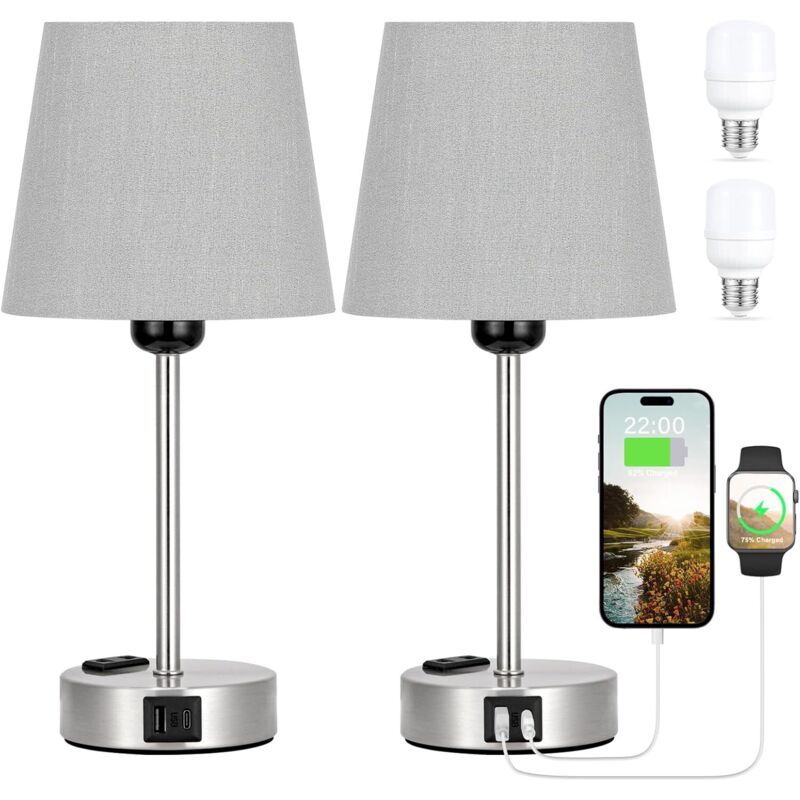 Lampe de chevet tactile avec ports USB-A+C et prise secteur, 2 ampoules, 3 réglages de gradation, gris, base argent givré, pour chambres, salons,