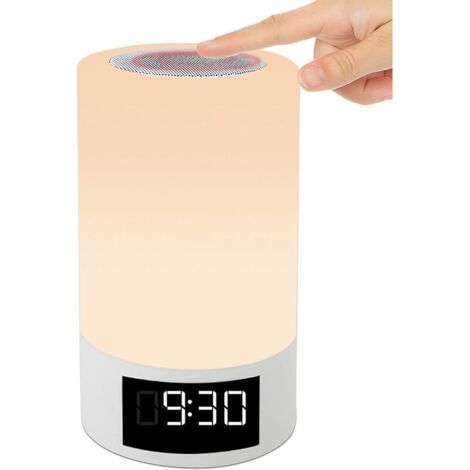 Lampe de Chevet Tactile Enceinte Lumineuse Multicolore Rechargeable  Veilleuse LED Lampe de table Bluetooth Réveil et Radio Fm Mp3 Dimensions H18cm Ø10,2cm