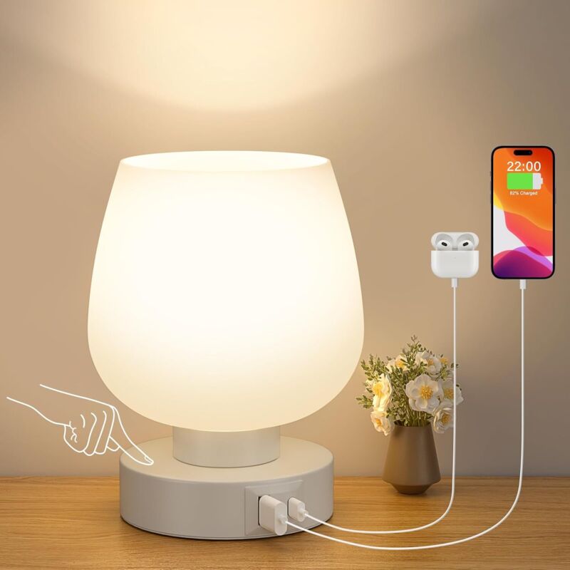 Lampe de Chevet Tactile, Lampe de Bureau avec Ports de Charge USB-A+C, Intensité Variable 3 Voies, Abat-jour en Verre Blanc, Petite Lampe de Table à