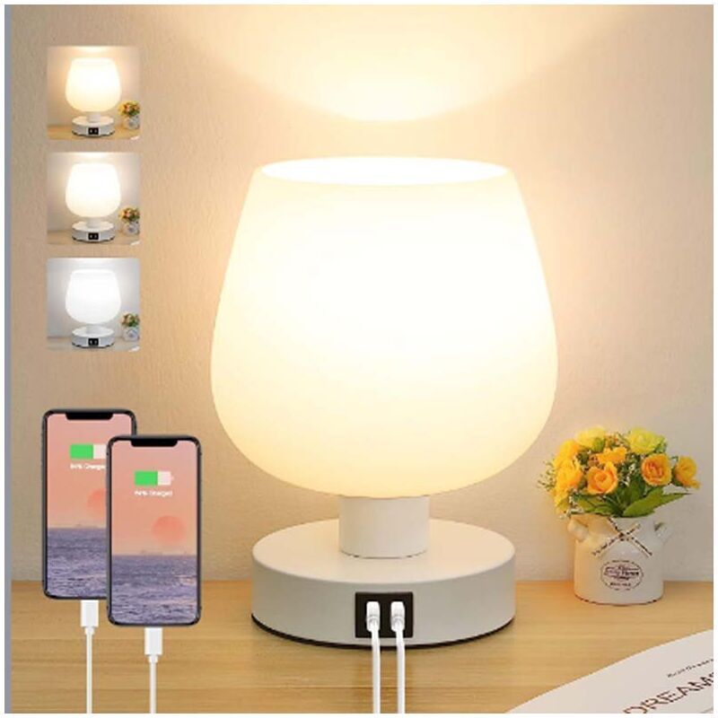 Basetbl - Lampe de Chevet Tactile, Lampe de Bureau avec Ports de Charge usb-a+c, Intensité Variable 3 Voies, Abat-jour en Verre Blanc, Petite Lampe