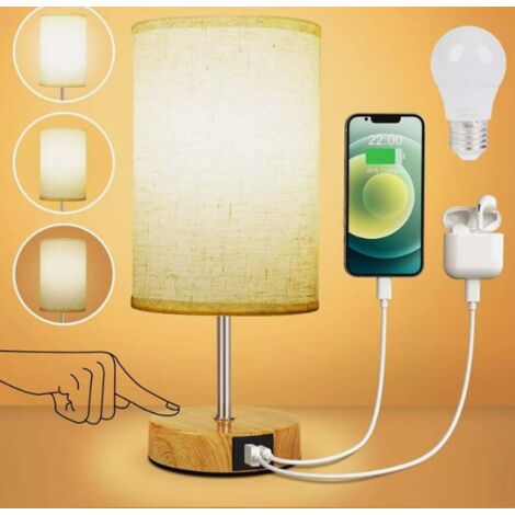 Lampe de Chevet Tactile Lot de1 avec Ports de Charge USB-A + USB-C, Intensité Variable 3 Voies, Abat-jour en Tissu de Lin, Petite Lampes de Table pour Chambrer Salon Hôtel (Ampoule Incluse)