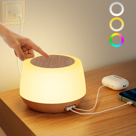 Lampe de Chevet Tactile, Veilleuse LED Dimmable avec Ports de Charge USB C+A 20W, Lampe Chevet avec Timing et Mémoire RGB