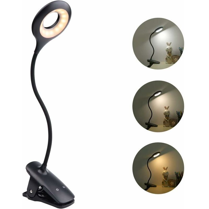 Lampe de Chevet usb Rechargeable sans Fil , Lampe de Lecture Tactile Noire, 3 Couleur et 3 Intensité Variable, Lampe de Lecture avec Pince pour Lire