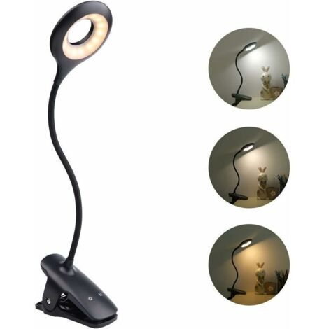 Lampe de Chevet USB Rechargeable sans Fil , Lampe de Lecture Tactile Noire, 3 Couleur et 3 Intensité Variable, Lampe de Lecture avec Pince pour Lire au Lit Enfant