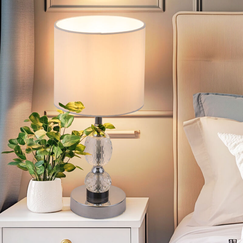 Etc-shop - Lampe de chevet, verre cristal, lampe à poser, base en verre, lampe à poser, salon, chrome, textile blanc, 1x E14, DxH 15x34 cm